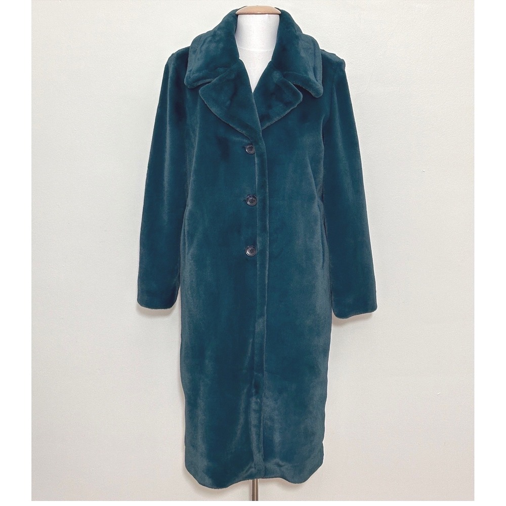 Rachel Zoe Womens Overcoat S Teal Blue Plush Faux Fur Long Glam Hollywood Luxe